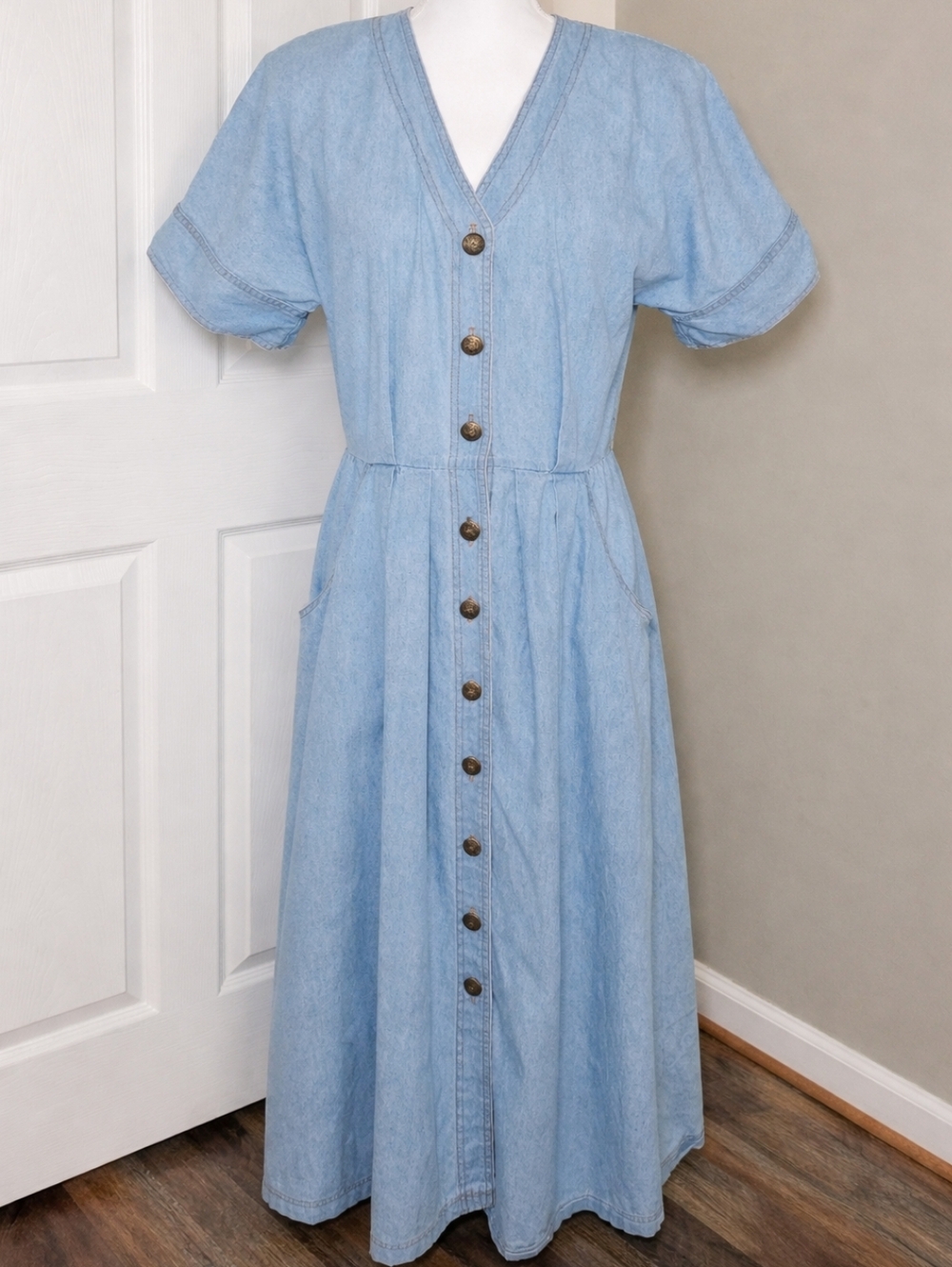 Vintage 90s Studio Ease Denim Midi Dress USA Button Front Country Western